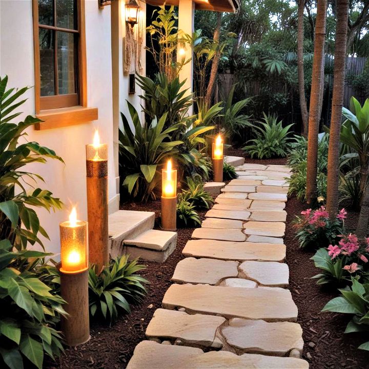 tiki torch pathway to bring a tropical vibe to your outdoor space