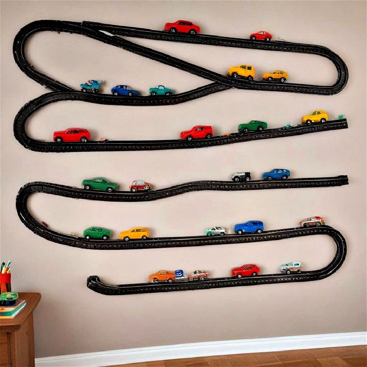 toy car tracks on walls storage and play area