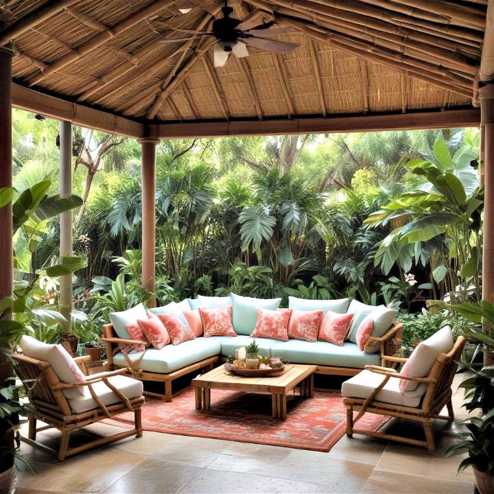 tropical hideaway with an attached covered patio