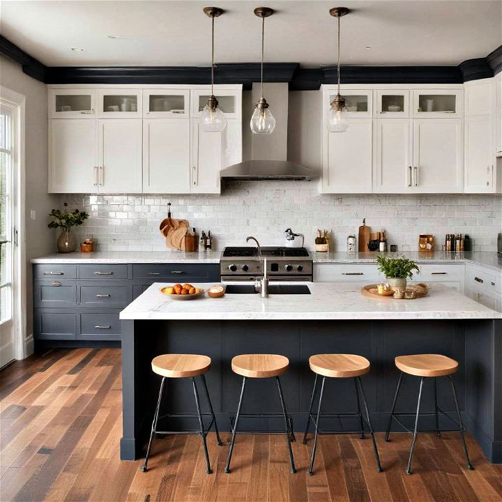 two toned cabinetry creates visual interest in the kitchen