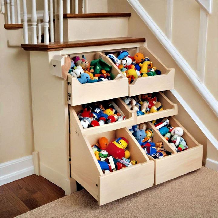 under the stairs pull out cubbies storage solution