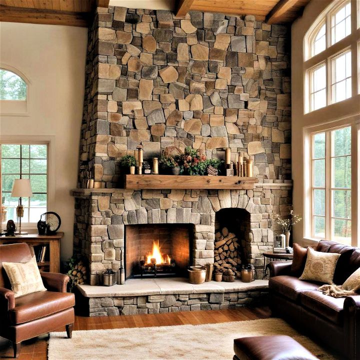 unique and charming rustic stone corner fireplace