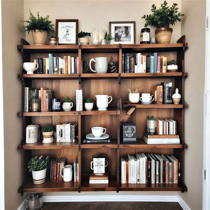 unique and cozy bookshelf coffee station