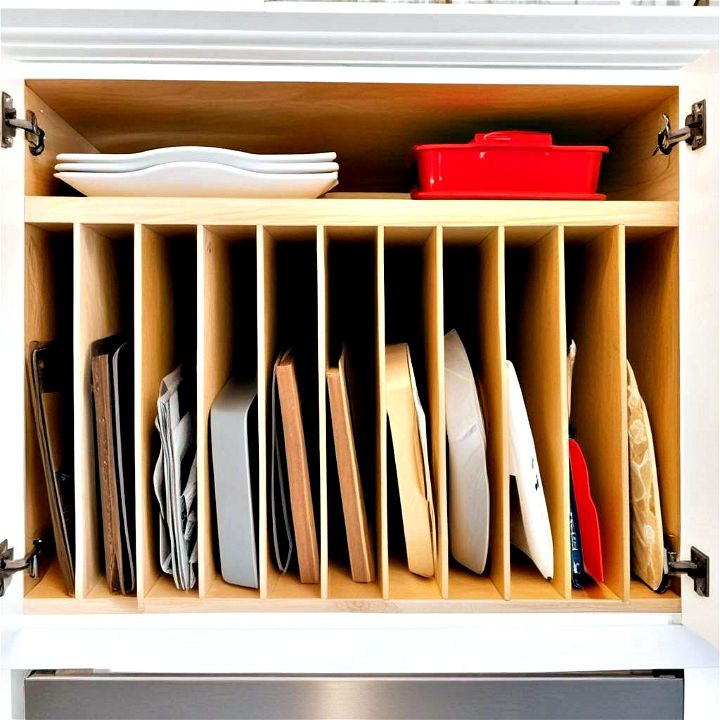 vertical divider rack for storing baking sheets cutting boards and serving trays