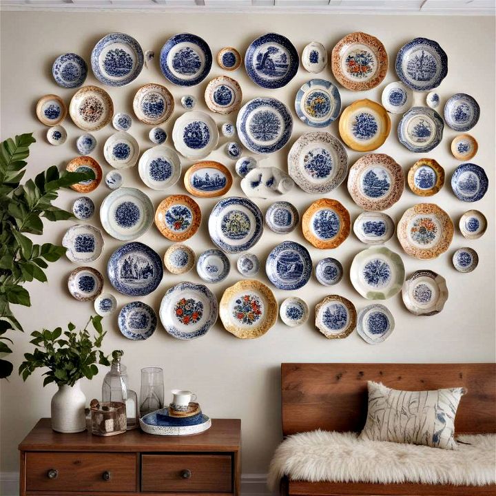 vintage plates and artwork wall