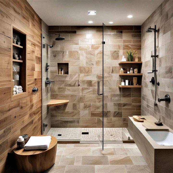 warm wood accents for walk in shower