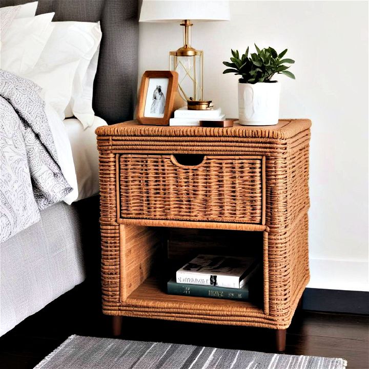 wicker basket nightstand for coastal bohemian or rustic bedrooms