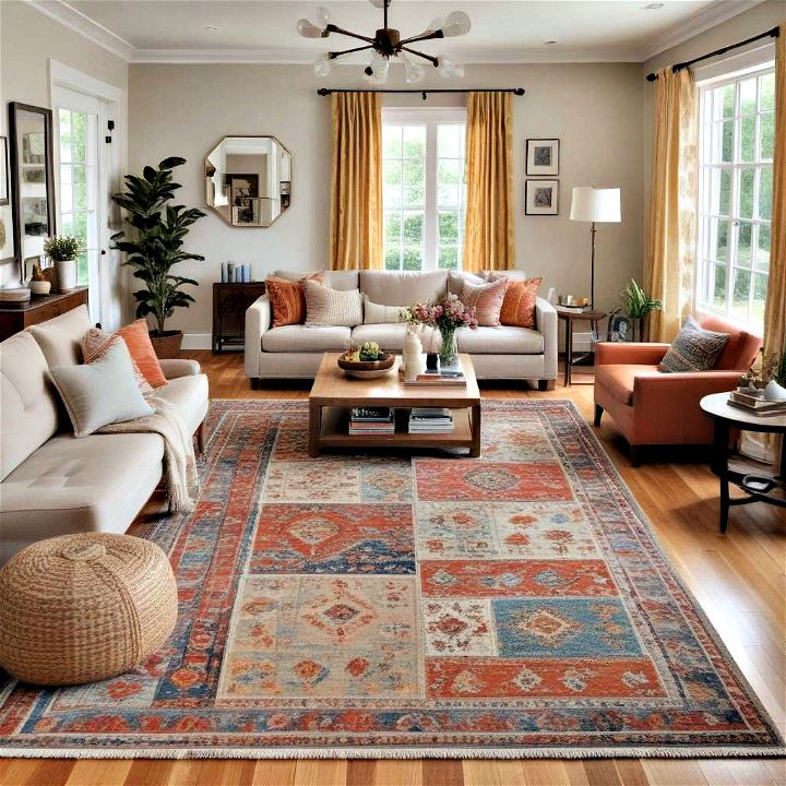 zone off with rugs to enhance the overall ambiance