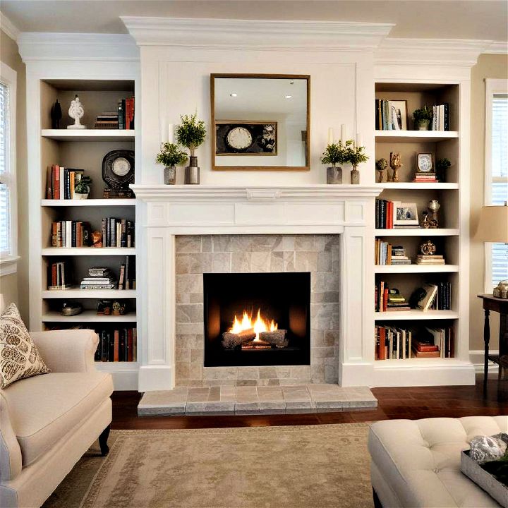 Faux fireplace with bookcase