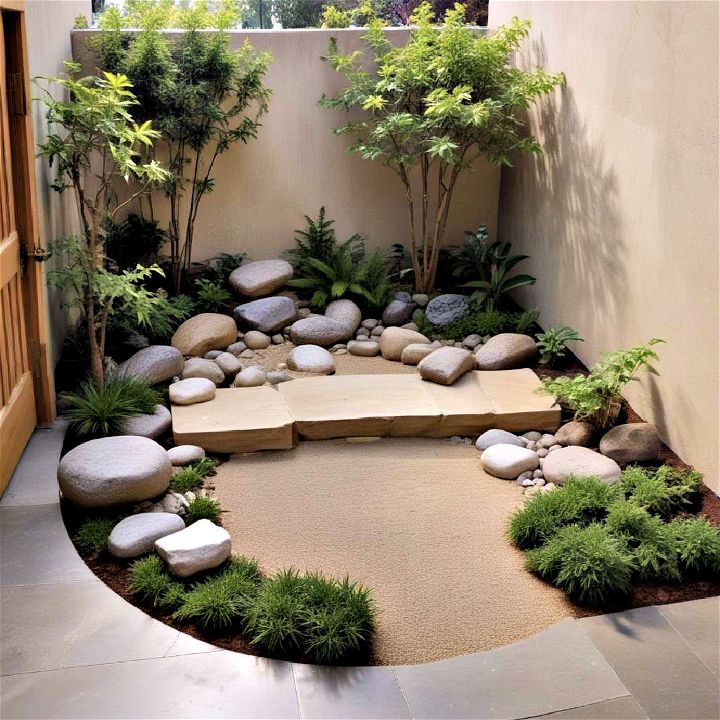 Zen garden corner with smooth pebbles