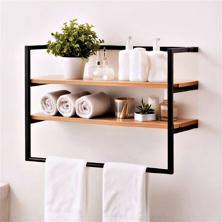 functional floating shelves with towel bars