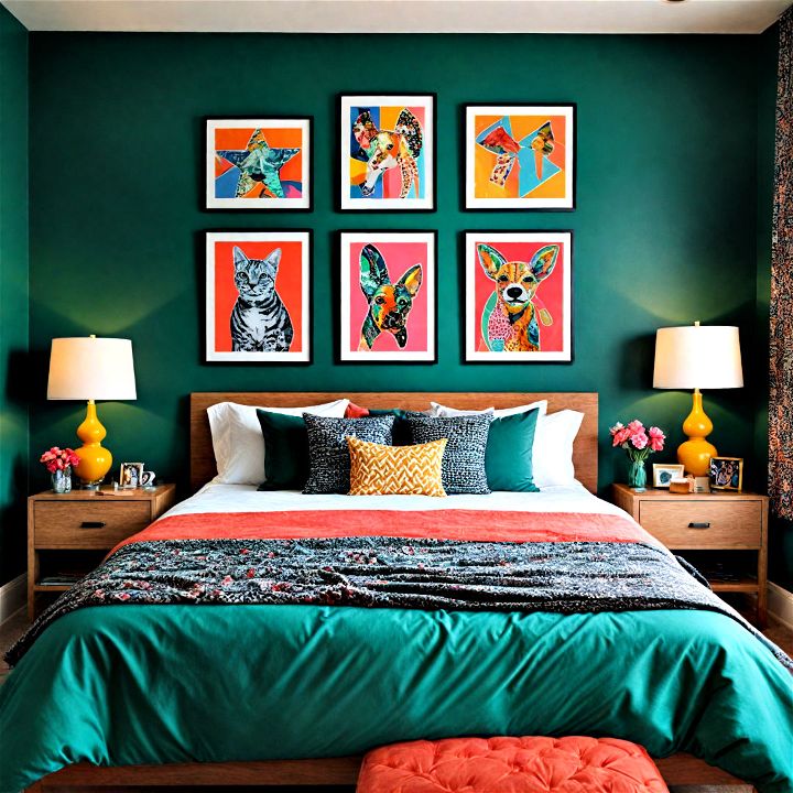 add a pop art punch for a bold and playful dark green bedroom