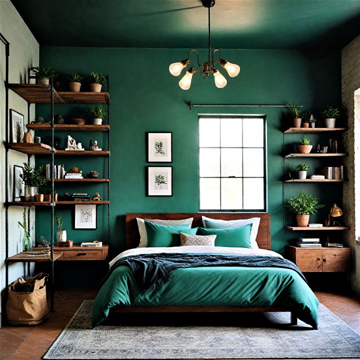 add an edgy contrast to emerald green bedroom with industrial accents