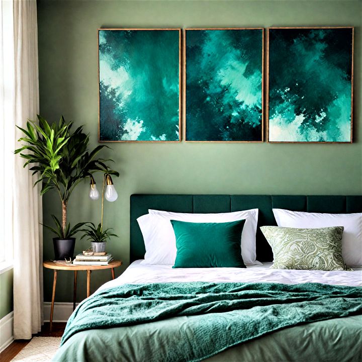 add art pieces featuring emerald green for eye catching bedroom decor