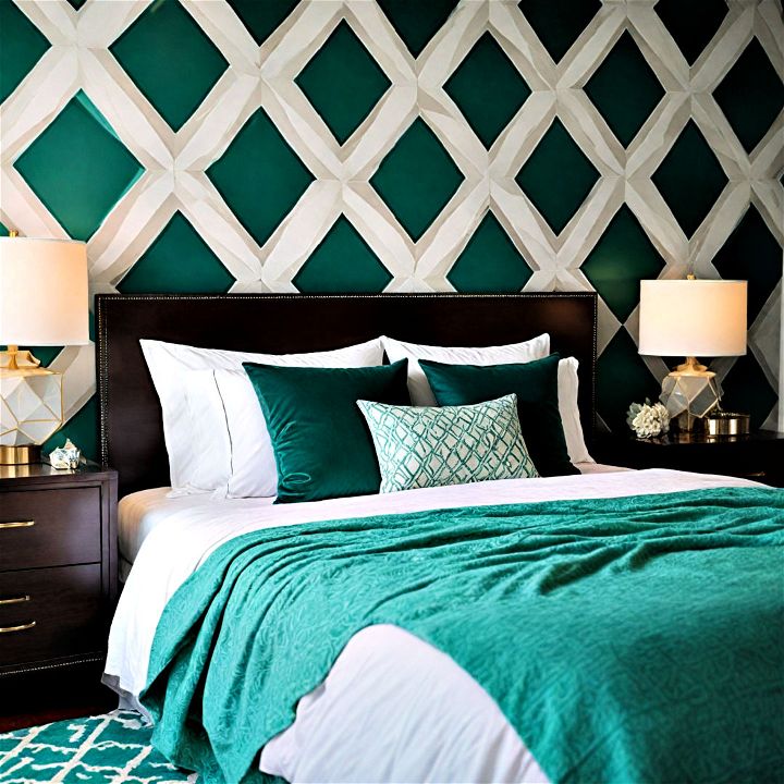 add geometric patterns to add a modern twist to emerald green bedroom