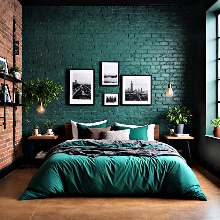 add industrial elements to give your green bedroom an edgy yet cozy feel