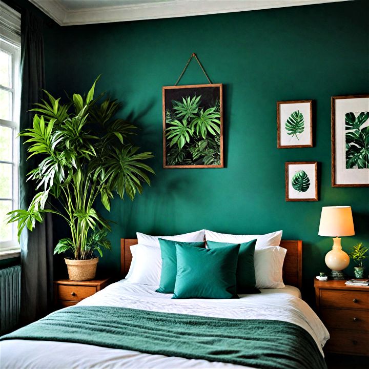 add real or faux plants to enhance an emerald green bedroom vibe