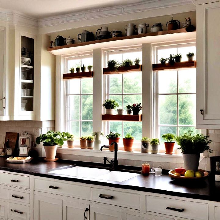 add window shelving to provide extra storage in small kitchen