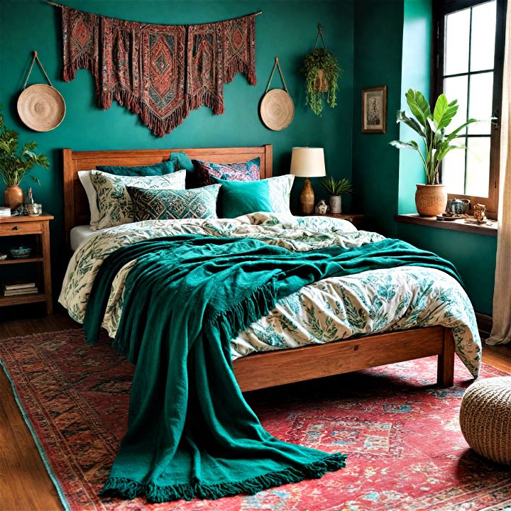 adopt a boho chic bedroom style with emerald green elements
