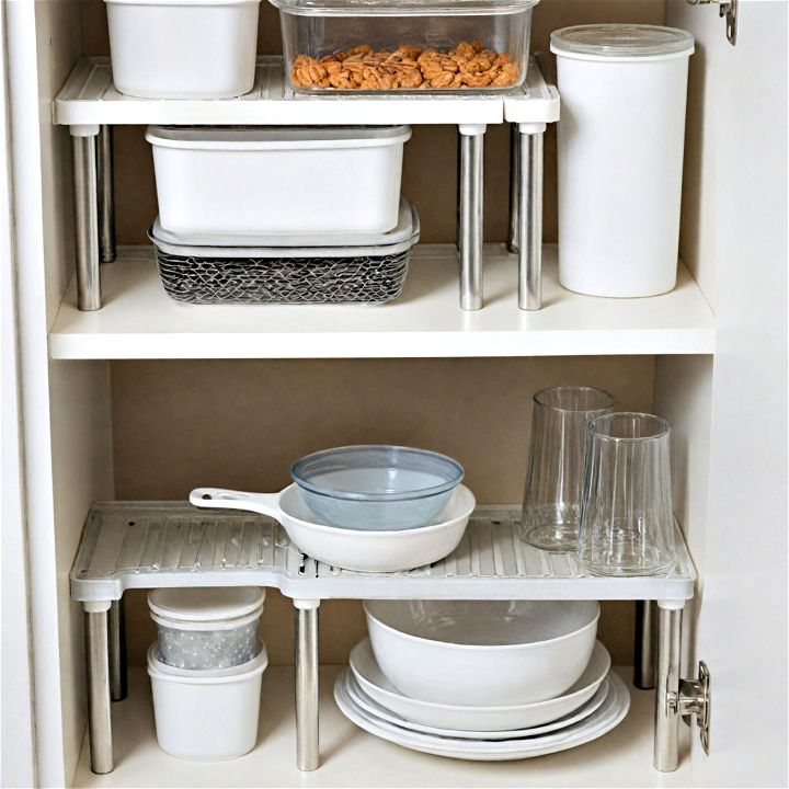 affordable and flexible stackable shelf organizers for kitchen cabinet