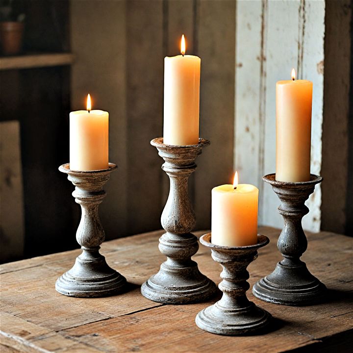antiqued candle holders for creating a lived in farmhouse feel