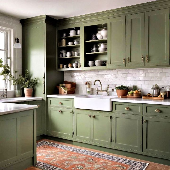 artichoke green vintage style kitchen cabinets