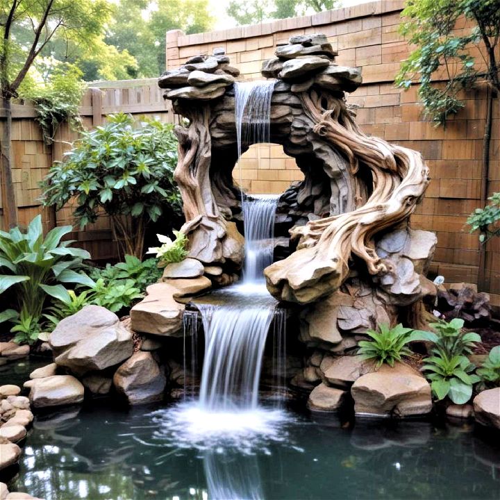 artistic sculpture pond with an integrated waterfall