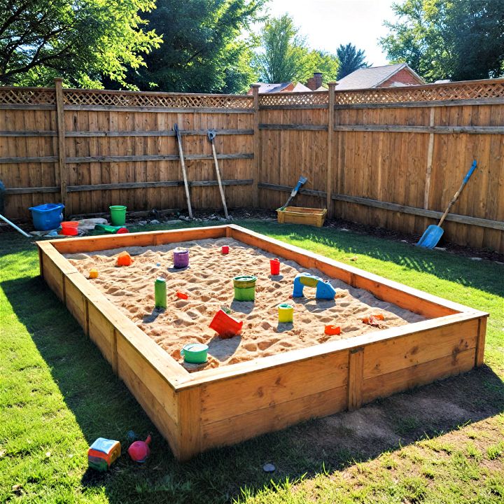 backyard play area with a sandbox to provide endless entertainment for kids