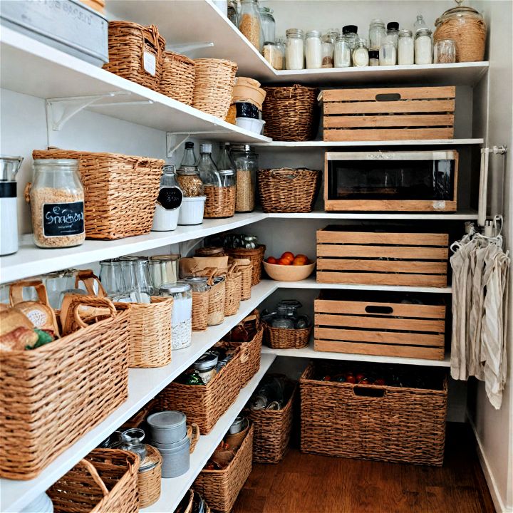 baskets and crates for pantry organization