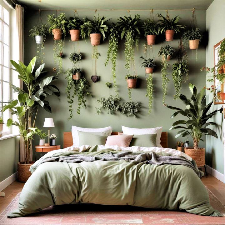 bedroom plant paradise against sage backdrop