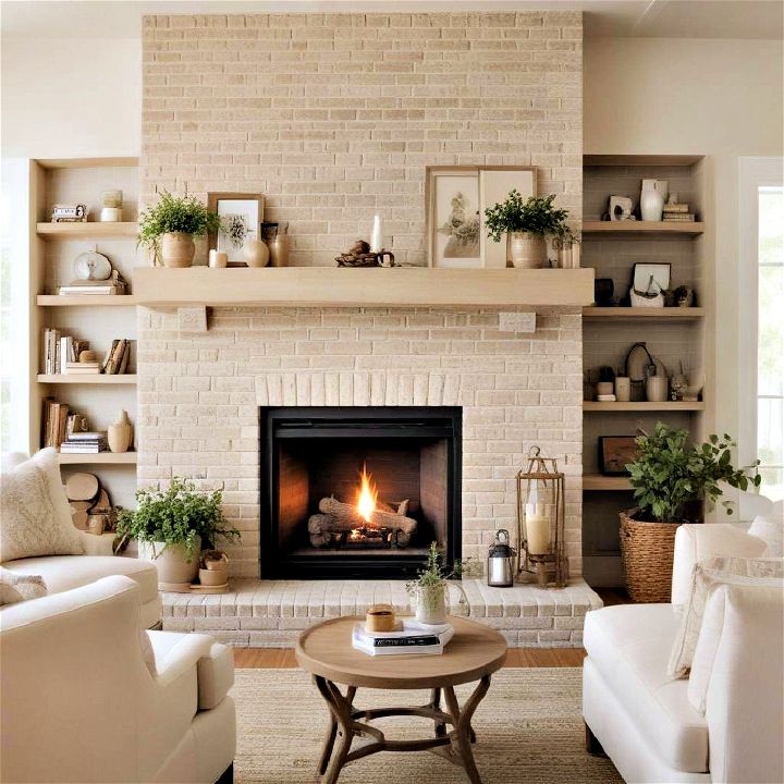beige painted brick fireplace