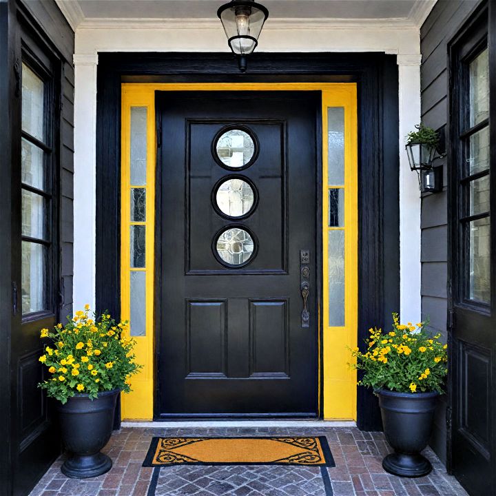 black front door with a yellow trim