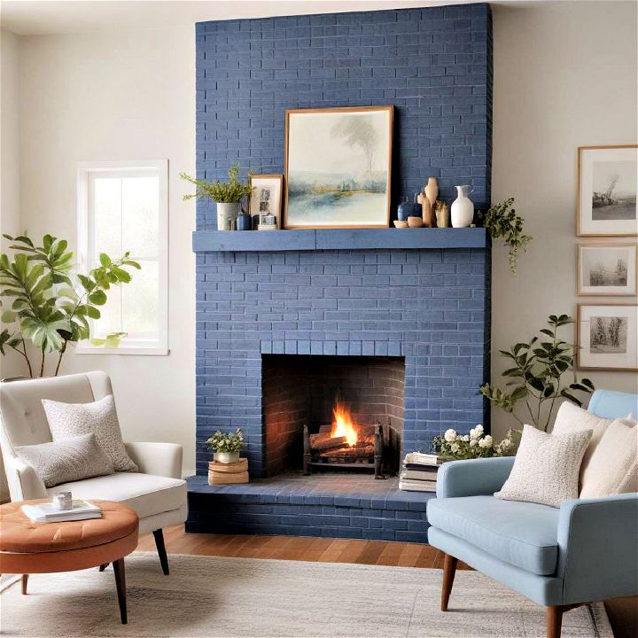 blue painted brick fireplace