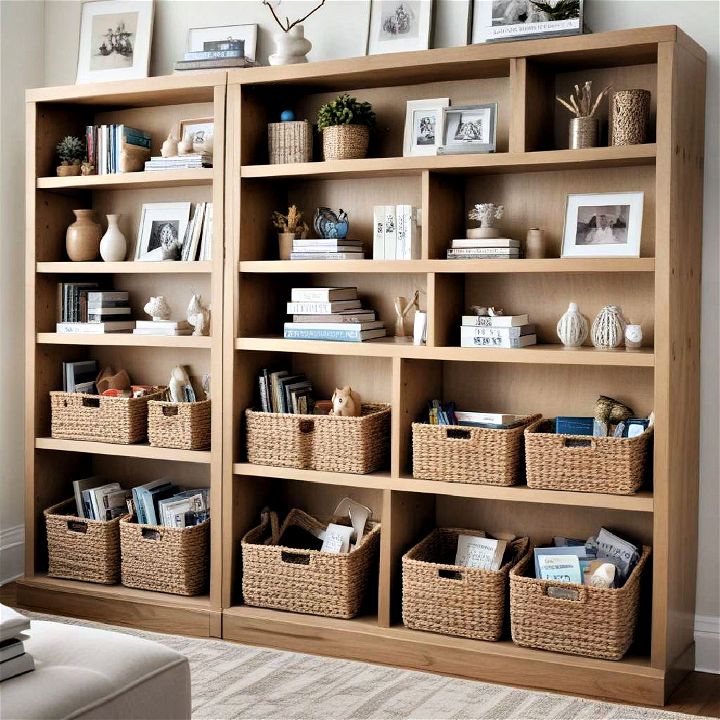 bookcase with baskets for an organized area