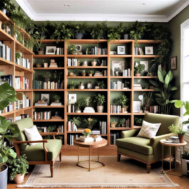 botanical inspired library for peaceful reading moments