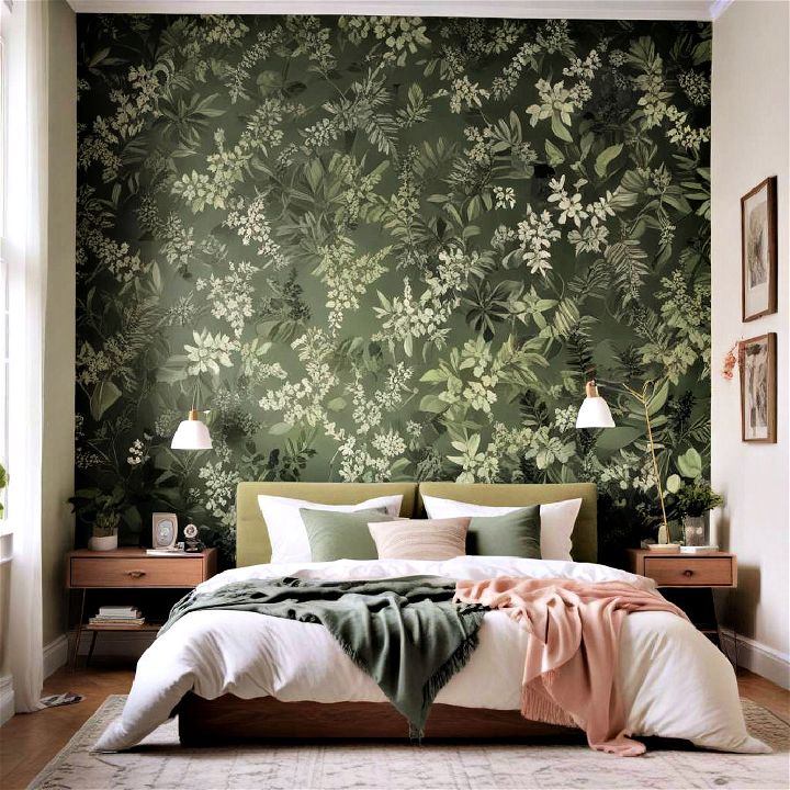 botanical themed green accent wall