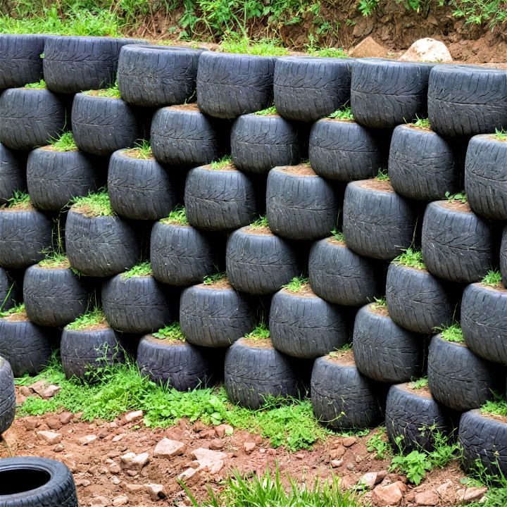 build a retaining wall from recycled rubber tires