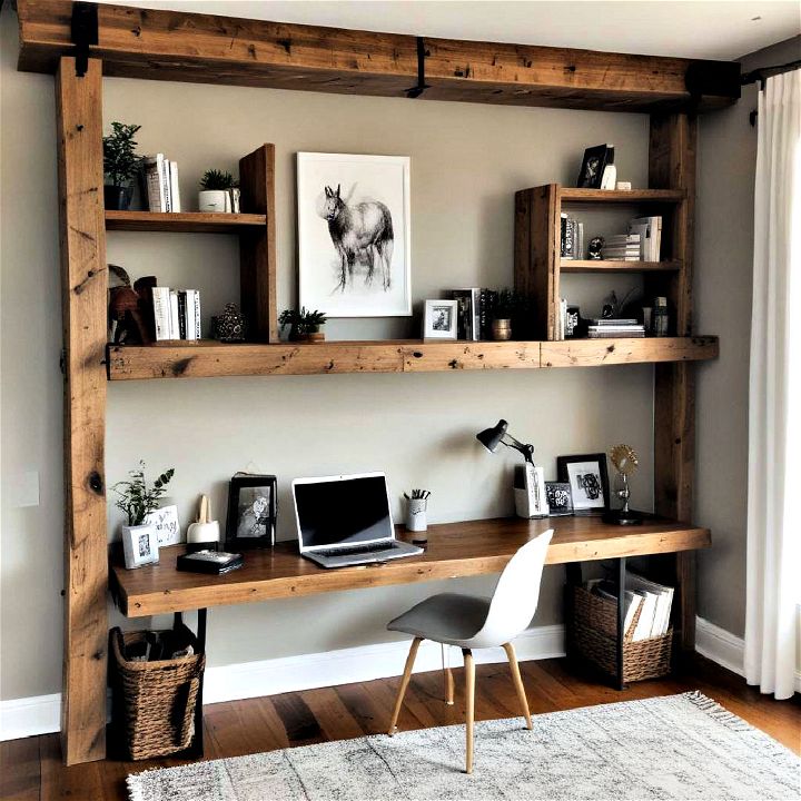 built in desk made from rustic wood beams