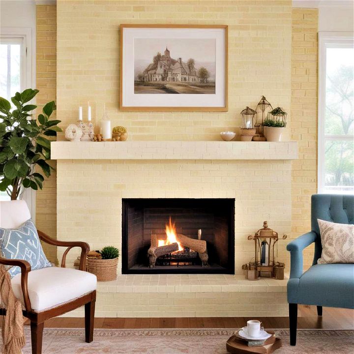 butter yellow painted brick fireplace