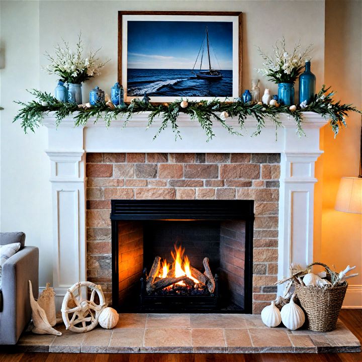 calming nautical themed fireplace decor