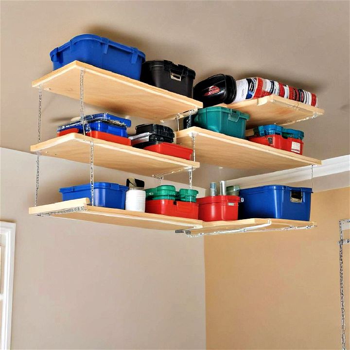 ceiling mounted shelves for garage space