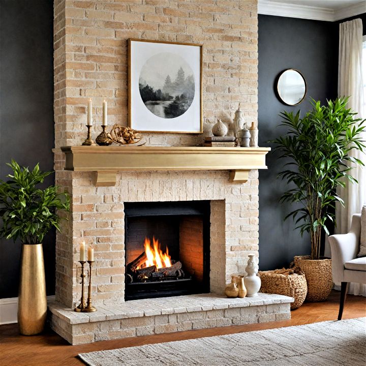 champagne painted brick fireplace