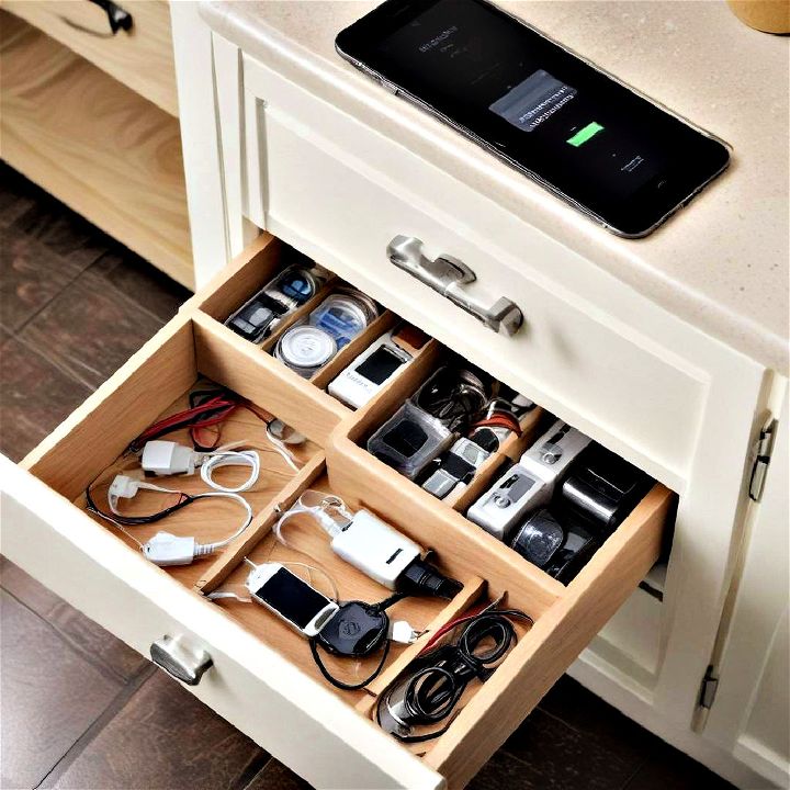 charging station drawer to keep technology off the kitchen countertops