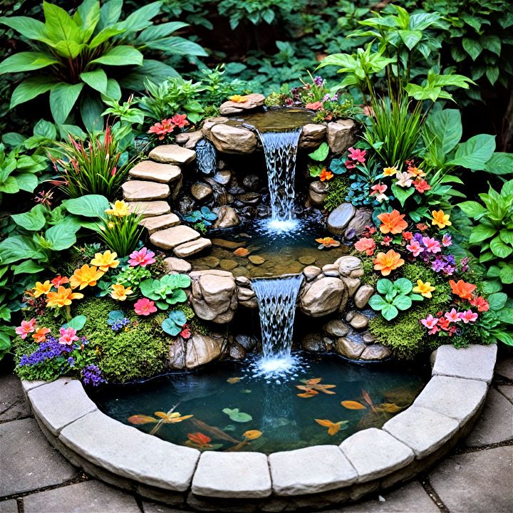charming and whimsical fairy pond with a mini waterfall