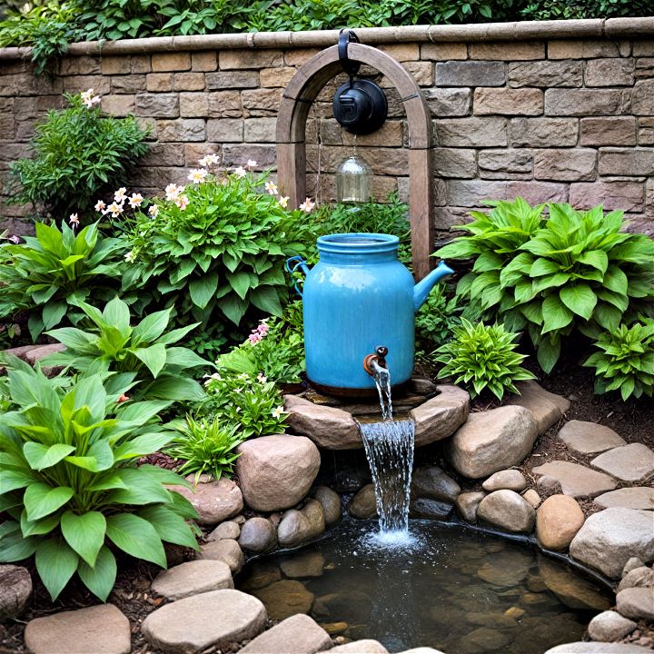 charming cottage garden pond with an overflowing jar waterfall