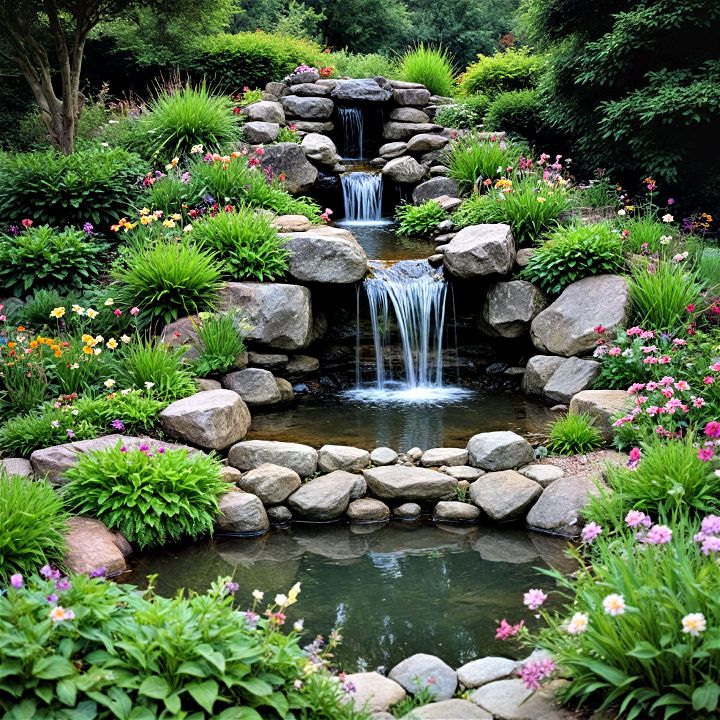 charming english country pond with a gentle waterfall
