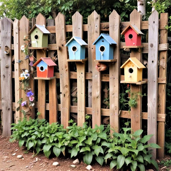 charming pallet fence with birdhouses