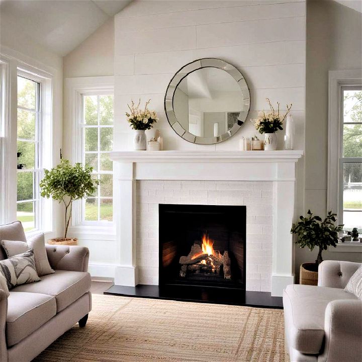 chic shiplap fireplace with mirror accents