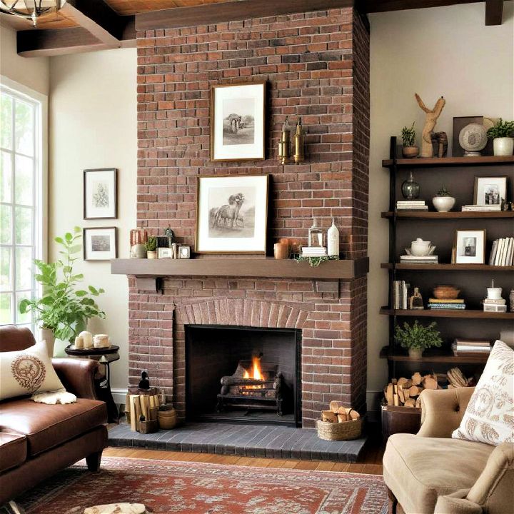 chocolate brown painted brick fireplace