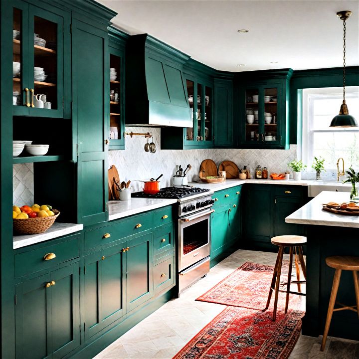 classic and moder racing green shaker style cabinets